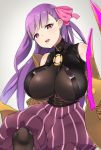  1girl :d arm_at_side baggy_shorts bangs bare_shoulders black_collar blunt_bangs breasts brown_legwear buckle claws cleavage collar collarbone corset cowboy_shot detached_sleeves eyelashes fate/extra fate/extra_ccc fate/grand_order fate_(series) grey_background hair_ribbon hand_up head_tilt highres huge_breasts leg_up long_hair looking_at_viewer o-ring o-ring_top okamen one_leg_raised open_mouth pantyhose passion_lip pink_eyes pink_ribbon purple_hair purple_shirt ribbon shirt shorts shoulder_cutout side_ribbon simple_background skin_tight skindentation sleeveless smile solo standing standing_on_one_leg striped tsurime vertical-striped_shorts vertical_stripes 