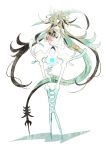  1girl aqua_eyes aqua_hair blonde_hair hair_over_one_eye highres holding_skull horns long_hair monster_girl multicolored_hair multiple_arms no_feet original skull towa-darkmistic very_long_hair white_background white_skin 