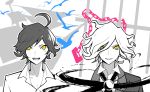  2boys age_comparison before_and_after bird chains cravat darkness dual_persona edmond_dantes_(fate/grand_order) fate/grand_order fate_(series) greyscale headshot highres monochrome multiple_boys open_collar prison ship short_hair spot_color watercraft wavy_hair yellow_eyes younger 