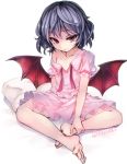  1girl bangs barefoot bat_wings blue_hair collarbone commentary_request feet full_body hands_on_feet looking_at_viewer off_shoulder pillow pink_skirt red_eyes remilia_scarlet short_hair short_sleeves simple_background sitting skirt solo toes touhou tousen twitter_username white_background wings 