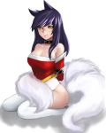  1girl absurdres ahri animal_ears bare_shoulders black_hair breasts cleavage collarbone detached_sleeves facial_mark fox_ears fox_tail highres korean_clothes large_breasts league_of_legends lips long_hair multiple_tails simple_background sitting slit_pupils solo tail thigh-highs whisker_markings white_background white_legwear yellow_eyes 