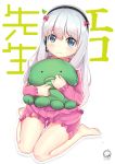  1girl artist_name bangs barefoot blush bow closed_mouth copyright_name dated eromanga_sensei eyebrows_visible_through_hair frills haeadset hair_bow headphones izumi_sagiri long_hair long_sleeves looking_at_viewer middle_finger object_hug pajamas pink_bow shiny shiny_hair silver_hair sitting solo stuffed_animal stuffed_octopus stuffed_toy tareme tears thighs violetsang wariza wavy_mouth 