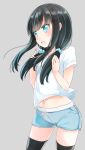  1girl :o alternate_costume asashio_(kantai_collection) bangs black_hair black_legwear blue_eyes blue_hair blush comah commentary_request contrapposto cowboy_shot eyebrows_visible_through_hair gradient_hair grey_background hair_ornament hair_scrunchie kantai_collection legs_apart looking_afar looking_away low_twintails multicolored_hair navel open_mouth pocket ribbon scrunchie shirt short_sleeves simple_background solo standing stomach thigh-highs tsurime twintails white_ribbon white_shirt 