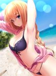  1girl armpits arms_up artist_name beach bikini blonde_hair blue_eyes blurry braid breasts cowboy_shot depth_of_field dutch_angle eyebrows_visible_through_hair fate/apocrypha fate_(series) front-tie_bikini front-tie_top gendo0032 hair_between_eyes jacket large_breasts light_particles long_hair navel open_clothes open_jacket outdoors ruler_(fate/apocrypha) single_braid solo string_bikini swimsuit 