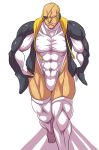  1boy bulge capcom cosplay creepy emperor_penguin_(kemono_friends) emperor_penguin_(kemono_friends)_(cosplay) eyepatch gloves kemono_friends konno_tohiro male_focus muscle sagat serious simple_background street_fighter thigh-highs walking what white_background white_legwear 