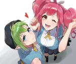  2girls absurdres bangs beret black_footwear black_headwear blue_eyes blue_skirt breasts clenched_hand collared_shirt flat_chest from_above green_hair hair_ribbon hat heart highres large_breasts looking_up macross macross_delta makina_nakajima multiple_girls open_mouth pink_hair pointy_ears pote-mm reina_prowler ribbon shirt short_hair skirt smile twintails white_background white_shirt yellow_neckwear 