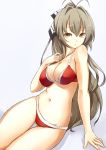  1girl amagi_brilliant_park antenna_hair arm_support asya bare_shoulders bikini body_blush breasts brown_eyes brown_hair cleavage commentary_request highres large_breasts long_hair looking_at_viewer navel o-ring_bottom o-ring_top ponytail red_bikini sento_isuzu shiny shiny_skin sitting solo swimsuit thigh_gap very_long_hair 