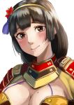  1girl armor black_hair blush breasts brown_eyes cleavage cleavage_cutout flower hair_flower hair_ornament hairband ii_naotora_(sengoku_musou) japanese_armor large_breasts long_hair looking_at_viewer mole mole_on_breast portrait sengoku_musou sengoku_musou_4 simple_background smile solo traditional_media white_background yasaidon 