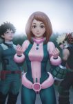  1girl 2boys bakugou_katsuki black_eyes black_hair blonde_hair blurry bodysuit boku_no_hero_academia breasts brown_eyes brown_hair clenched_hands covered_navel depth_of_field gloves gohpot highres looking_at_viewer looking_up mask medium_breasts midoriya_izuku multiple_boys pouch red_gloves signature smile uraraka_ochako 