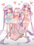  3girls alternate_costume bare_shoulders blush braid breasts cleavage crying euryale fate/stay_night fate_(series) flower glasses gradient gradient_background hair_flower hair_ornament hair_ribbon heart kettle21 kneeling long_hair midriff multiple_girls navel open_mouth panties purple_hair ribbon rider sandals see-through skirt stheno tears twintails underwear very_long_hair 