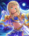  1girl :d aqua_eyes arabian_architecture arabian_clothes armlet artist_request backlighting blonde_hair bracelet building contrapposto cowboy_shot crop_top dark_skin dot_nose eyebrows eyebrows_visible_through_hair eyelashes falling_star forehead_jewel full_moon halter_top halterneck hands_up idolmaster idolmaster_cinderella_girls jewelry jpeg_artifacts layla_(idolmaster) long_hair looking_at_viewer midriff moon moonlight navel night night_sky official_art open_mouth outdoors palm_tree pendant sand see-through shooting_star sky smile solo star star_(sky) tareme tree veil 