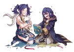  1boy 1girl blue_hair book cloak closed_eyes cynthia_(fire_emblem) fire_emblem fire_emblem:_kakusei gloves gzei holding holding_book mark_(fire_emblem) scarf simple_background smile stuffed_animal stuffed_toy twintails watermark white_background 