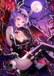  1girl bat black_gloves breasts cleavage demon_girl demon_wings elbow_gloves fangs full_moon gloves horns kim_eb long_hair looking_at_viewer medium_breasts moon open_mouth original pointy_ears purple_hair red_eyes sitting skull solo thigh-highs tiara wings 