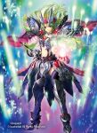  1girl ardent_jewel_knight_polli armor armored_boots blue_eyes boots cape cardfight!!_vanguard company_name copyright_name fingerless_gloves gloves green_hair high_heel_boots high_heels midriff momose_hisashi navel official_art solo sword weapon 