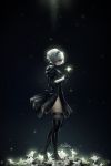  1girl artist_name black_dress black_legwear blindfold boots dark_background dress feather-trimmed_sleeves flower hairband high_heel_boots high_heels legs lisa_buijteweg nier_(series) nier_automata side_slit silver_hair solo thigh-highs thigh_boots thighs yorha_no._2_type_b 