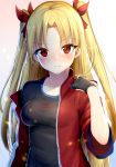  &gt;:( 1girl alternate_costume bangs black_gloves black_shirt blonde_hair blush casual chixiao closed_mouth ereshkigal_(fate/grand_order) eyelashes fate/grand_order fate_(series) frown gloves gradient gradient_background hair_ribbon highres jacket light_particles long_hair looking_at_viewer medium_hair off_shoulder open_clothes open_jacket parted_bangs red_eyes red_jacket red_ribbon ribbon shirt short_sleeves solo straight_hair tohsaka_rin two_side_up upper_body v-shaped_eyebrows very_long_hair wavy_mouth 