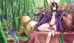 1girl absurdres alcohol ankle_ribbon arrow bamboo bamboo_forest bare_legs barefoot blush breasts collarbone cup day fate/grand_order fate_(series) forest gourd highres horns japanese_clothes jeffrey10 kimono long_sleeves looking_at_viewer nature navel ofuda oni_horns parted_lips planted_sword planted_weapon purple_hair purple_ribbon revealing_clothes ribbon sakazuki sake short_hair shuten_douji_(fate/grand_order) sitting small_breasts smile solo stomach sword violet_eyes weapon wide_sleeves 