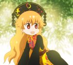  &gt;:d 1girl :d bangs black_dress blurry chibi chinese_clothes crescent depth_of_field dress hat junko_(touhou) kemono_friends long_hair long_sleeves open_mouth orange_hair parody red_eyes sash shirosato smile solo style_parody tabard touhou wavy_hair wide_sleeves 