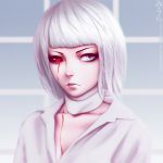  1girl artist_name bangs bleeding blood bloody_tears blue_eyes blunt_bangs closed_mouth collared_shirt deviantart_username hetero heterochromia highres lips looking_past_viewer miura-n315 nose red_eyes shirt short_hair tokyo_ghoul upper_body watermark web_address white_hair white_shirt yasuhisa_nashiro 