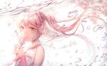  1girl bare_shoulders cherry_blossoms collared_shirt covering_mouth crying crying_with_eyes_open detached_sleeves flower frilled_shirt frills hair_between_eyes hair_flower hair_ornament hatsune_miku holding long_hair ozzingo pink_eyes pink_hair sakura_miku shirt sleeveless sleeveless_shirt solo spring_(season) tears twintails underwater upper_body vocaloid white_background white_shirt 