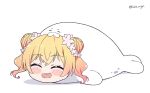  ^_^ animal_costume blonde_hair blush_stickers chibi closed_eyes double_bun english_commentary fang flower hair_flower hair_ornament hololive kukie-nyan momosuzu_nene open_mouth seal seal_costume two_side_up virtual_youtuber |d 