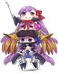  3girls armor armored_boots bb_(fate/extra_ccc) blue_eyes blue_ribbon boots breasts chibi claws coat esoragoto fate/extra fate/extra_ccc fate/grand_order fate_(series) hair_ribbon human_tower large_breasts meltlilith midriff multiple_girls navel passion_lip pink_ribbon prosthesis purple_hair red_eyes red_ribbon ribbon sleeves_past_wrists smile spikes stacking tears violet_eyes 