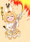  1girl :d ^_^ animal_ears bare_shoulders beige_boots blonde_hair blush bow bowtie breathing_fire closed_eyes double_neck_guitar elbow_gloves emphasis_lines eyebrows_visible_through_hair fang fire flamethrower full_body gloves guitar hair_between_eyes high-waist_skirt instrument kemono_friends legs_up mad_max mad_max:_fury_road music open_mouth parody playing_instrument saado_(thirdflogchorus) serval_(kemono_friends) serval_ears serval_print serval_tail shirt skirt sleeveless sleeveless_shirt smile solo striped_tail tail thigh-highs translated weapon white_shirt 