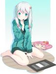  1girl aqua_background aqua_eyes bangs barefoot blush bow closed_mouth eromanga_sensei eyebrows_visible_through_hair feet gradient gradient_background grey_hair hair_bow holding hoshikuzu_witch_meruru izumi_sagiri jacket legs long_hair looking_at_viewer maigo_(neko) meruru_(oreimo) panties pantyshot pantyshot_(sitting) pink_bow sitting solo stylus tablet tareme thighs toes underwear wariza white_panties wooden_floor 