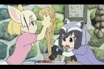  2girls animal_ears black_hair blonde_hair bow bowtie brown_eyes castle_of_cagliostro chromatic_aberration common_raccoon_(kemono_friends) fennec_(kemono_friends) food fox_ears gloves kemono_friends lupin_iii meatball multicolored_hair multiple_girls open_mouth parody pasta raccoon_ears short_hair short_sleeves skirt smile spaghetti ueyama_michirou 