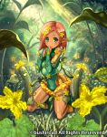  1girl ankle_boots arms_up bangs bare_shoulders blurry blush_stickers bodysuit boots breasts bridal_gauntlets cardfight!!_vanguard clenched_hands company_name covered_navel cucumber dark_skin day depth_of_field embarrassed flower forest frills full_body green_boots green_eyes grin hair_flower hair_ornament hairclip halterneck hand_to_own_mouth hands_together hands_up happy i-la kneeling leaf legs_apart leotard light_particles light_rays long_pointy_ears looking_at_viewer maiden_of_cucumber nature official_art on_ground outdoors outstretched_arms pink_hair plant pointy_ears short_eyebrows short_hair sitting skin_tight small_breasts smile solo straight_hair sunbeam sunlight swept_bangs thighs tree turtleneck vines yellow_flower 