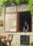  1girl apron artist_name brick_wall brown_hair bush chair chalkboard closed_eyes coffee_cup flower flower_pot holding holding_pen lansane leaf long_hair long_sleeves original shadow sleeves_rolled_up smile solo storefront table window 
