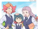  3girls :d :i ^_^ amanda_o&#039;neill blush bow braid chips closed_eyes constanze_amalie_von_braunschbank-albrechtsberger food girl_sandwich grin hand_on_another&#039;s_shoulder happy jasminka_antonenko little_witch_academia looking_at_viewer multiple_girls nakajima_asuka open_mouth petting pink_bow potato_chips pout sandwiched school_uniform smile teeth twin_braids v wavy_mouth 