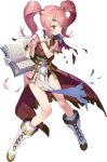  1girl armor bangs blush book boots breastplate cape capelet eyebrows_visible_through_hair fire_emblem fire_emblem_echoes:_mou_hitori_no_eiyuuou fire_emblem_heroes full_body gloves highres holding long_hair mae_(fire_emblem) matsui_hiroaki official_art open_mouth overskirt pelvic_curtain pink_hair red_eyes solo tiara torn_clothes transparent_background twintails white_gloves 