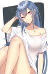  1girl arm_at_side arm_support bangs bare_legs bare_shoulders blue_hair breasts cleavage closed_mouth collarbone eyebrows_visible_through_hair groin hair_between_eyes hand_on_own_head hand_up highres knees_up large_breasts long_hair looking_at_viewer off_shoulder onineko-chan original red_eyes shirt short_sleeves solo t-shirt upper_body white_shirt 