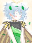  1girl :o antennae blue_hair butterfly_wings dotmaru eternity_larva hair_ornament highres insect_girl leaf leaf_dress leaf_hair_ornament leaf_on_head looking_away multicolored multicolored_eyes short_hair touhou wings yellow_background 