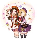  2girls :&gt; :d academic_(dragon_nest) badge bangs beret black_legwear blonde_hair blush boots bow bowtie brown_hair candy circle closed_mouth cowboy_shot cropped_legs curly_hair dice dragon_nest dress eyebrows_visible_through_hair food frilled_dress frills gift gloves green_eyes gwayo hair_tubes hat head_tilt heart heart_background holding long_hair multiple_girls open_mouth parted_bangs pudding puffy_short_sleeves puffy_sleeves purple_bow purple_bowtie purple_dress purple_hat red_dress red_eyes red_hat round_teeth salute sash scroll short_dress short_hair short_sleeves single_glove smile standing star teeth thigh-highs thigh_boots white_background white_boots white_gloves wrist_cuffs zettai_ryouiki 