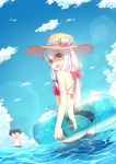  1girl :d alternate_hairstyle ass bangs bikini blood blue_sky blush bow brother_and_sister chibi_inset clouds cloudy_sky eromanga_sensei eyebrows_visible_through_hair hair_bow halter_top halterneck hat innertube izumi_masamune izumi_sagiri lens_flare long_hair looking_at_viewer looking_back low_twintails nose_blush nosebleed ocean open_mouth outdoors pink_bikini pink_bow siblings sky smile solo_focus straw_hat sun_hat swimsuit thighs twintails violetsang wading 