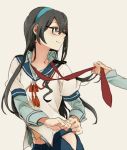  1girl aqua_eyes aqua_hairband black-framed_eyewear black_hair blush commentary_request glasses hairband kantai_collection light_smile long_hair looking_at_another necktie ooyodo_(kantai_collection) red_necktie ree_(re-19) school_uniform serafuku solo_focus undone_necktie undressing 