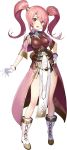  1girl armor bangs blush boots breastplate cape capelet eyebrows_visible_through_hair fire_emblem fire_emblem_echoes:_mou_hitori_no_eiyuuou fire_emblem_heroes full_body gloves hand_on_hip highres long_hair looking_at_viewer mae_(fire_emblem) matsui_hiroaki official_art open_mouth overskirt pelvic_curtain pink_hair red_eyes smile solo standing tiara transparent_background twintails white_gloves 