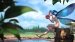  1girl blue_hair blue_sky blurry breasts cherry clouds depth_of_field facial_mark fairy fairy_wings food from_side fruit full_body gohpot highres house leaf minigirl mushroom navel nude open_mouth original pointy_ears sideboob signature sitting sky small_breasts solo tree watermark web_address wings 