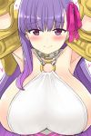  1girl armpits arms_up asymmetrical_bangs bangs blush breasts closed_mouth engiyoshi eyebrows_visible_through_hair fate/extra fate/extra_ccc fate/grand_order fate_(series) hair_ribbon heart highres huge_breasts light_smile long_hair looking_at_viewer o-ring_top passion_lip purple_hair purple_ribbon ribbon smile solo violet_eyes 