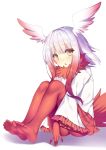  1girl absurdres akabane bangs bird_tail blunt_bangs blush eyebrows eyebrows_visible_through_hair feet gloves head_wings highres japanese_crested_ibis_(kemono_friends) kemono_friends long_sleeves looking_at_viewer multicolored_hair no_shoes open_mouth pantyhose pleated_skirt red_gloves red_legwear red_skirt short_hair silver_hair simple_background skirt soles solo tail toes two-tone_hair white_background wings yellow_eyes 