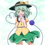  1girl ;d bow cato_(monocatienus) commentary cowboy_shot eyebrows_visible_through_hair green_eyes green_hair green_skirt hands_together hat hat_bow heart heart_hands heart_of_string komeiji_koishi legs_apart long_hair looking_at_viewer one_eye_closed open_mouth shirt skirt smile solo third_eye touhou wrist_cuffs yellow_shirt 