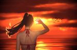  1girl bikini bird black_hair clouds from_behind gohpot hair_tie high_ponytail horizon ocean original realistic red_bikini seagull sky solo sun sunset swimsuit upper_body 