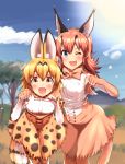  &gt;:3 &gt;;d 2girls :3 :d ;d animal_ears bare_shoulders belt black_hair blonde_hair blue_eyes bow bowtie breasts brown_eyes caracal_(kemono_friends) caracal_tail clouds day extra_ears eyebrows_visible_through_hair fang fangs hair_between_eyes high-waist_skirt highres kemono_friends leaning_forward long_hair looking_at_viewer medium_breasts multicolored_hair multiple_girls one_eye_closed oops open_mouth orange_hair outdoors paw_pose serval_(kemono_friends) serval_ears serval_print serval_tail shirt skirt sky sleeveless sleeveless_shirt smile standing striped_tail sun tail tree two-tone_hair white_shirt 