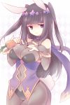  1girl animal_ears bangs black_hair bodysuit bracelet breasts bridal_gauntlets bunny_tail bunnysuit cape carrot cleavage fire_emblem fire_emblem:_kakusei fire_emblem_heroes jewelry large_breasts long_hair looking_at_viewer nail_polish pantyhose rabbit_ears smile solo tail teu_(navy) tharja tiara two_side_up violet_eyes 