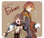  1boy 1girl blonde_hair bracelet breastplate brother_and_sister brown_background brown_eyes brown_hair cape copyright_name dyute_(fire_emblem) fang fire_emblem fire_emblem_echoes:_mou_hitori_no_eiyuuou hair_over_one_eye jewelry long_hair low_ponytail luthier_(fire_emblem) multicolored_hair open_mouth ponytail redhead siblings simple_background two-tone_hair upper_body 