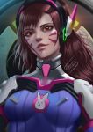  1girl absurdres animal_print artist_name bangs bodysuit breasts brown_eyes brown_hair bunny_print close-up d.va_(overwatch) eyebrows eyelashes eyeliner facepaint facial_mark firons headphones high_collar highres long_hair looking_at_viewer makeup medium_breasts overwatch parted_lips pilot_suit pink_lips portrait ribbed_bodysuit shoulder_pads signature skin_tight smile solo swept_bangs whisker_markings 