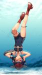  1girl air_bubble black_hair breath brown_eyes bubble_blowing gloves hat headphones i-14_(kantai_collection) kantai_collection looking_at_viewer sakura_(medilore) school_swimsuit short_hair single_glove swimsuit underwater upside-down 