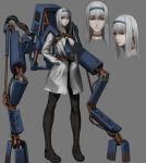  1girl blue_eyes commentary_request hairband hands_in_pockets highres jittsu labcoat loafers long_hair machinery mechanical_legs necktie original pantyhose school_uniform shoes simple_background white_hair 